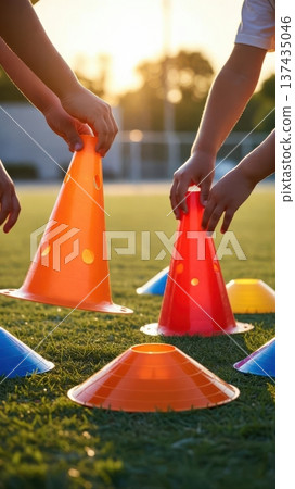Setting Up Training Cones on Grass at Sunset Setting Up Training Cones on Grass at Sunset 137435046