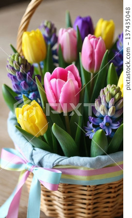 Spring Flower Basket With Tulips and Hyacinths 137435048