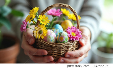 Hands Holding Easter Basket With Painted Eggs and Flowers Hands Holding Easter Basket With Painted Eggs and Flowers 137435050