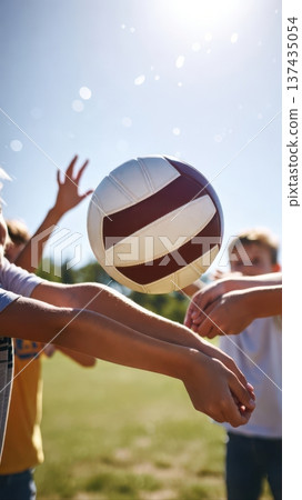 Children Bumping Volleyball During Outdoor Game Children Bumping Volleyball During Outdoor Game 137435054