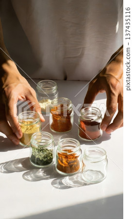 Adult Hands Arranging Spice Jars On Table Adult Hands Arranging Spice Jars On Table 137435116