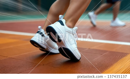 Feet In White Sneakers On Tennis Court Feet In White Sneakers On Tennis Court 137435137