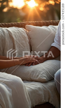 Holding hands on outdoor sofa at sunset Holding hands on outdoor sofa at sunset 137435189