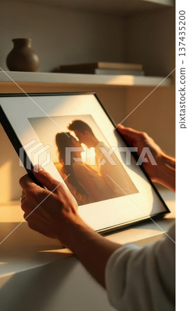 Holding framed romantic photo in warm sunlight 137435200