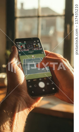 Smartphone camera filming tennis match by sunny window 137435210