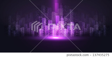 Futuristic neon city skyline with digital purple glow background. 137435275