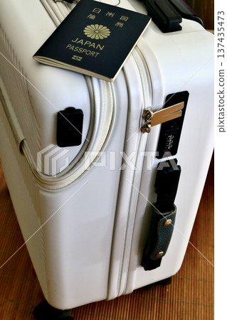 Suitcase and passport, overseas travel, overseas business trip, vertical position Suitcase and passport, overseas travel, overseas business trip, vertical position 137435473