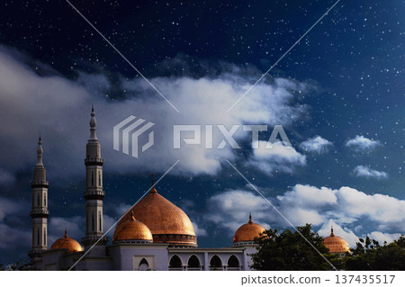 Mosque at Night with Starry Sky and Golden Domes. Islamic Holiday Greeting for Ramadan Kareem and Eid Mubarak. High quality photo 137435517