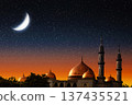Mosque with Golden Domes Under a Starry Night Sky and Crescent Moon. Islamic Holiday Greeting for Ramadan Kareem and Eid Mubarak. High quality photo Mosque with Golden Domes Under a Starry Night Sky and Crescent Moon. Islamic Holiday Greeting for Ramadan Kareem and Eid Mubarak. High quality photo 137435521