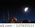Mosque with Golden Domes Under a Starry Night Sky with a Bright Half Moon. Ramadan kareem concept. High quality photo Mosque with Golden Domes Under a Starry Night Sky with a Bright Half Moon. Ramadan kareem concept. High quality photo 137435523