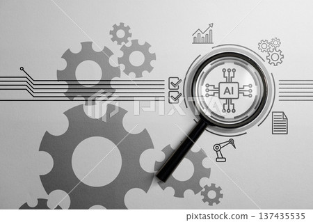 Artificial Intelligence Analysis Concept with Magnifying Glass, Gears, and Circuit Icons on Light Background. High quality photo 137435535