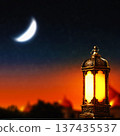 Ramadan Lantern with Crescent Moon at Dusk. Islamic Holiday Greeting for Ramadan Kareem and Eid Mubarak. High quality photo Ramadan Lantern with Crescent Moon at Dusk. Islamic Holiday Greeting for Ramadan Kareem and Eid Mubarak. High quality photo 137435537