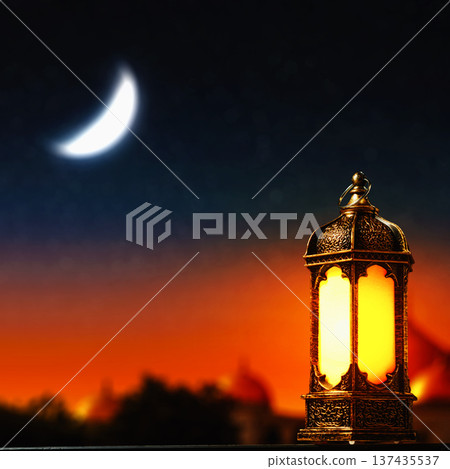Ramadan Lantern with Crescent Moon at Dusk. Islamic Holiday Greeting for Ramadan Kareem and Eid Mubarak. High quality photo Ramadan Lantern with Crescent Moon at Dusk. Islamic Holiday Greeting for Ramadan Kareem and Eid Mubarak. High quality photo 137435537