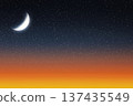 Crescent Moon in Starry Night Sky with Orange Horizon. Islamic Holiday Greeting for Ramadan Kareem and Eid Mubarak. High quality photo Crescent Moon in Starry Night Sky with Orange Horizon. Islamic Holiday Greeting for Ramadan Kareem and Eid Mubarak. High quality photo 137435549