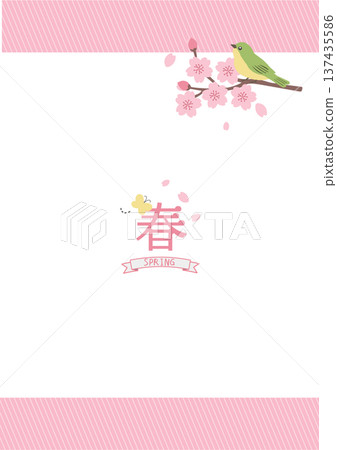 春季背景插圖 春季橫幅 叢鶯與櫻花 叢鶯與梅花邊框 137435586