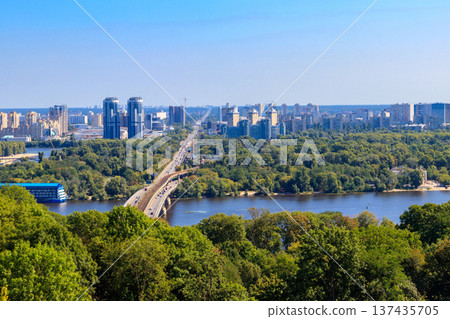 Aerial view of Metro bridge and the Dnieper river in Kiev, Ukraine. Kyiv cityscape 137435705