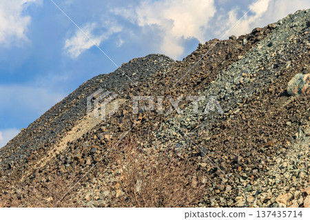 View of slag heaps of iron ore quarry. Mining industry 137435714