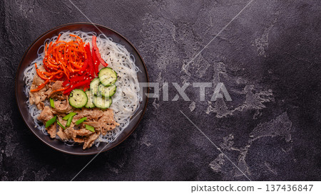 Bowl of rice noodles with vegan soy meat and vegetables. 137436847