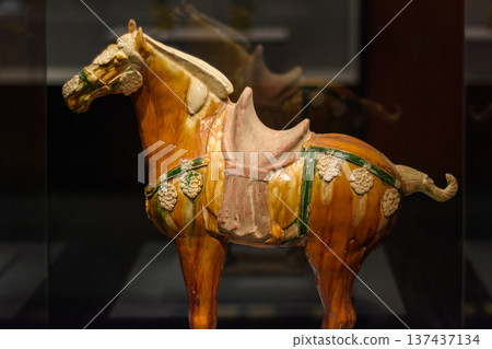 Tang Dynasty clay pottery statue of a horse exhibited in Luoyang Museum in Henan province, China Tang Dynasty clay pottery statue of a horse exhibited in Luoyang Museum in Henan province, China 137437134