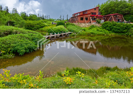 Summer in the Northern Alps, Kagamidaira Mountain Lodge and Kagami Pond Summer in the Northern Alps, Kagamidaira Mountain Lodge and Kagami Pond 137437213