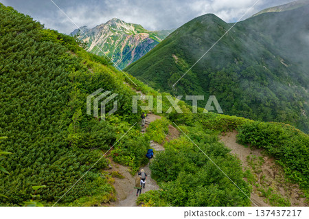 Climbers walking along the ridge of Mt. Yuori in the Northern Alps, with clouds rising from Mt. Washu and Mt. Suisho 137437217