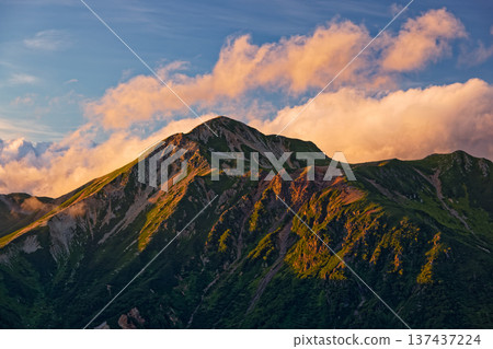 Mount Washu in the evening light as seen from Sugoroku hut in the Northern Alps Mount Washu in the evening light as seen from Sugoroku hut in the Northern Alps 137437224