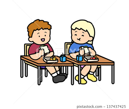 Two children eating sandwiches in a classroom 137437425