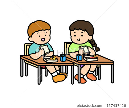Two children eating sandwiches in a classroom 137437426