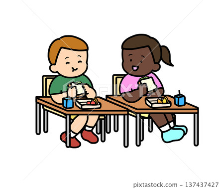 Two children eating sandwiches in a classroom 137437427