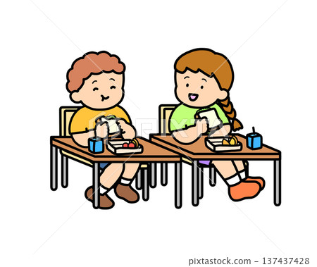 Two children eating sandwiches in a classroom Two children eating sandwiches in a classroom 137437428