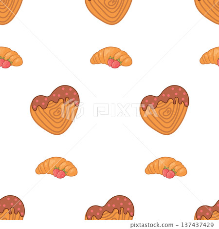 Sweet pastry seamless pattern with croissant and heart cookie Sweet pastry seamless pattern with croissant and heart cookie 137437429