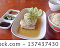 Hainanese chicken rice Singapore style with soy sauce. 137437430