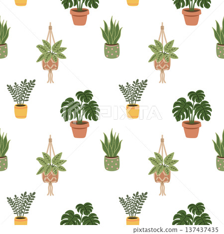Seamless pattern with indoor houseplant and hanging flowerpot Seamless pattern with indoor houseplant and hanging flowerpot 137437435