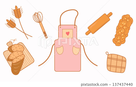 Bakery baking set with apron, rolling pin, bread and wheat Bakery baking set with apron, rolling pin, bread and wheat 137437440