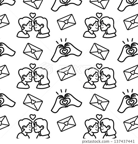 Romantic seamless pattern with kissing couple and love letter Romantic seamless pattern with kissing couple and love letter 137437441