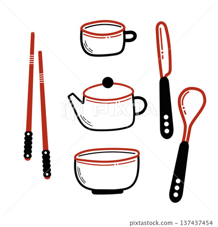 Japanese tableware set with teapot, bowl, cup and chopstick 137437454