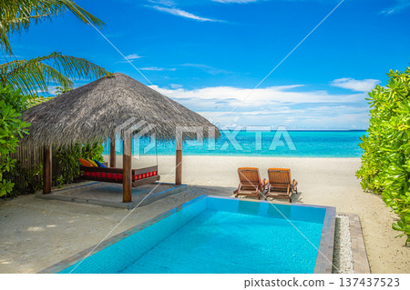 Summer luxury private pool with sun beds and beach canopy palm trees turquoise ocean shore tropical paradise relaxing vacation destination 137437523