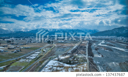The Kurobe River alluvial fan seen from around Gonzo Bridge over the Kurobe River in eastern Toyama Prefecture, Japan The Kurobe River alluvial fan seen from around Gonzo Bridge over the Kurobe River in eastern Toyama Prefecture, Japan 137437687