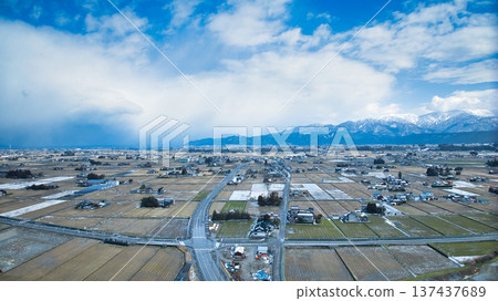 The Kurobe River alluvial fan seen from around Gonzo Bridge over the Kurobe River in eastern Toyama Prefecture, Japan 137437689