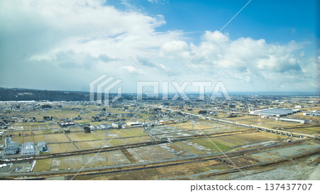The Kurobe River alluvial fan seen from around Gonzo Bridge over the Kurobe River in eastern Toyama Prefecture, Japan 137437707
