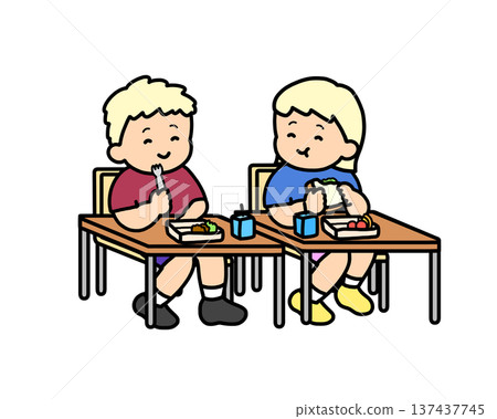 Two children having lunch together in the classroom Two children having lunch together in the classroom 137437745