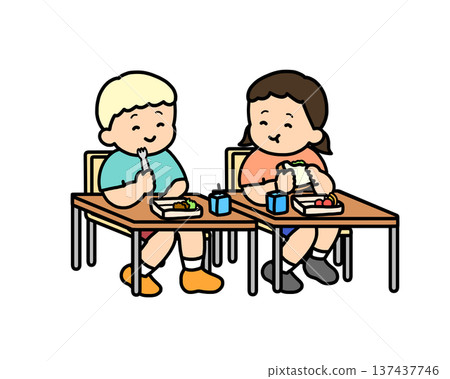 Two children having lunch together in the classroom 137437746