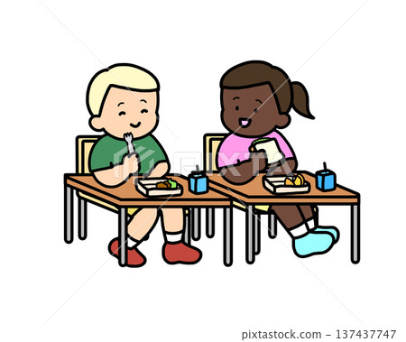 Two children having lunch together in the classroom Two children having lunch together in the classroom 137437747