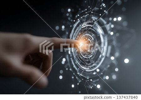 Hand touching a glowing digital interface with complex AI data points in a professional environment Hand touching a glowing digital interface with complex AI data points in a professional environment 137437840