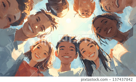 International Day of Happiness illustration showing diverse people smiling together bright natural light global harmony atmosphere high realism International Day of Happiness illustration showing diverse people smiling together bright natural light global harmony atmosphere high realism 137437842