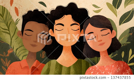International Day of Happiness editorial illustration with calm joyful expressions natural lighting International Day of Happiness editorial illustration with calm joyful expressions natural lighting 137437855