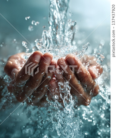 Clean water conservation concept with human hands protecting fresh water natural light 137437920