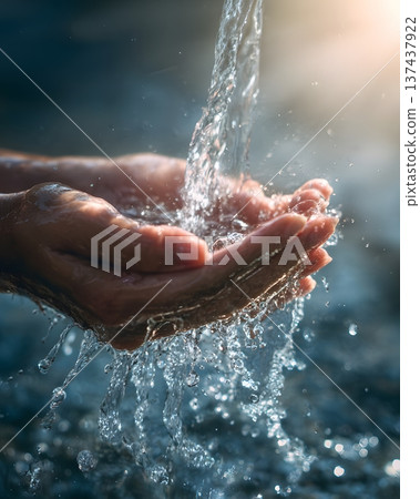 Clean water conservation concept with human hands protecting fresh water natural light 137437922