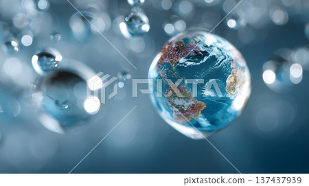 World Water Day visual showing clear water drops and planet earth concept 137437939