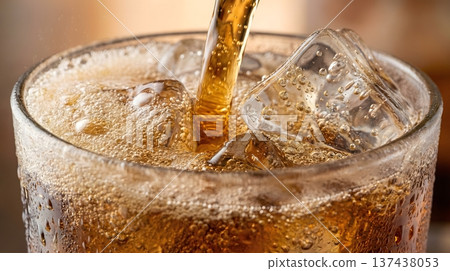 Close-up of cola being poured into a glass filled with ice cubes, creating a refreshing and bubbly beverage. Close-up of cola being poured into a glass filled with ice cubes, creating a refreshing and bubbly beverage. 137438053